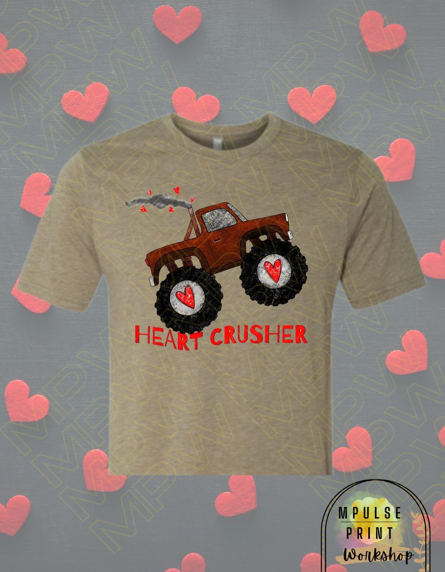 Youth Valentines T-Shirt "Heart Crusher" Gender Neutral, featuring a Monster Truck, Basic Tee, 100% Cotton,