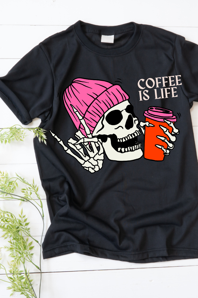 Short Sleeve Adult T-Shirt I Love Coffee, Skull