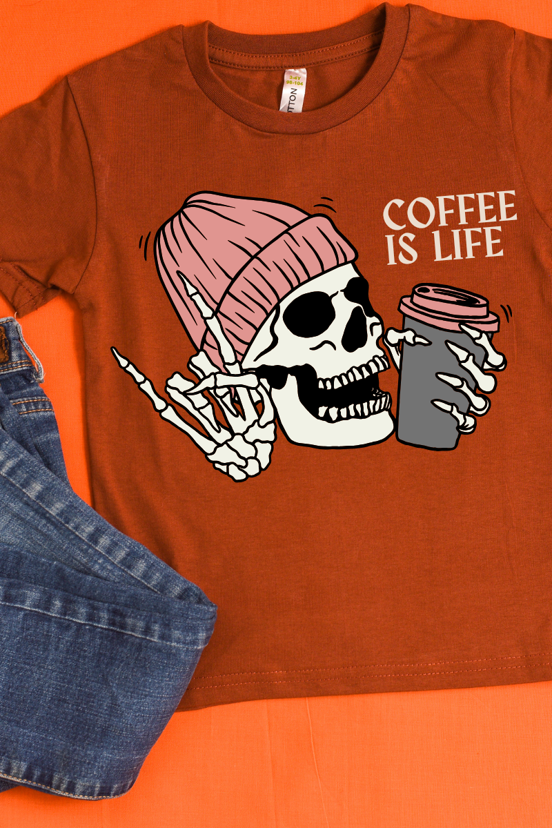 Short Sleeve Adult T-Shirt I Love Coffee, Skull