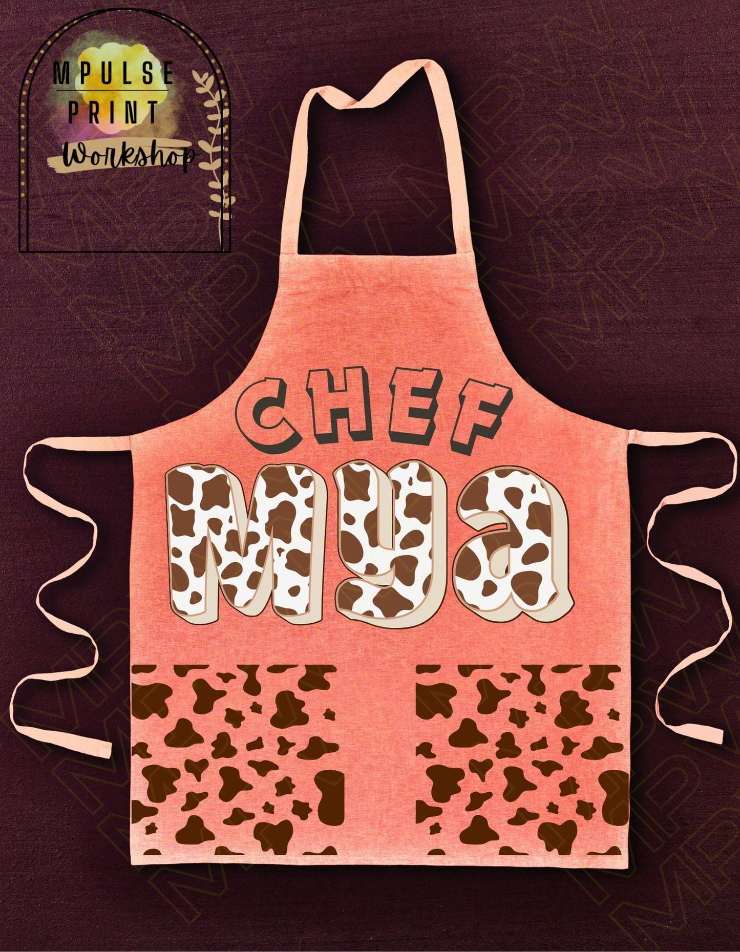Youth Cooking Apron, Adjustable Straps- Cowhide Print Customized Name