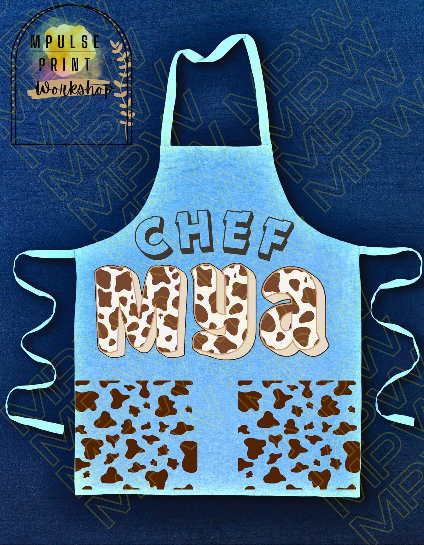 Youth Cooking Apron, Adjustable Straps- Cowhide Print Customized Name
