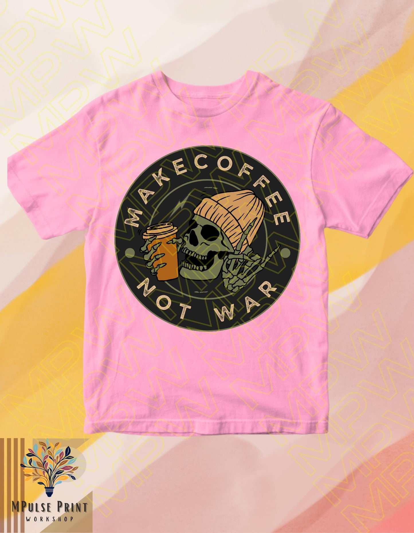Adult graphic t-shirt- "Make Coffee Not War". 100% cotton, Basic unisex standard fit tee