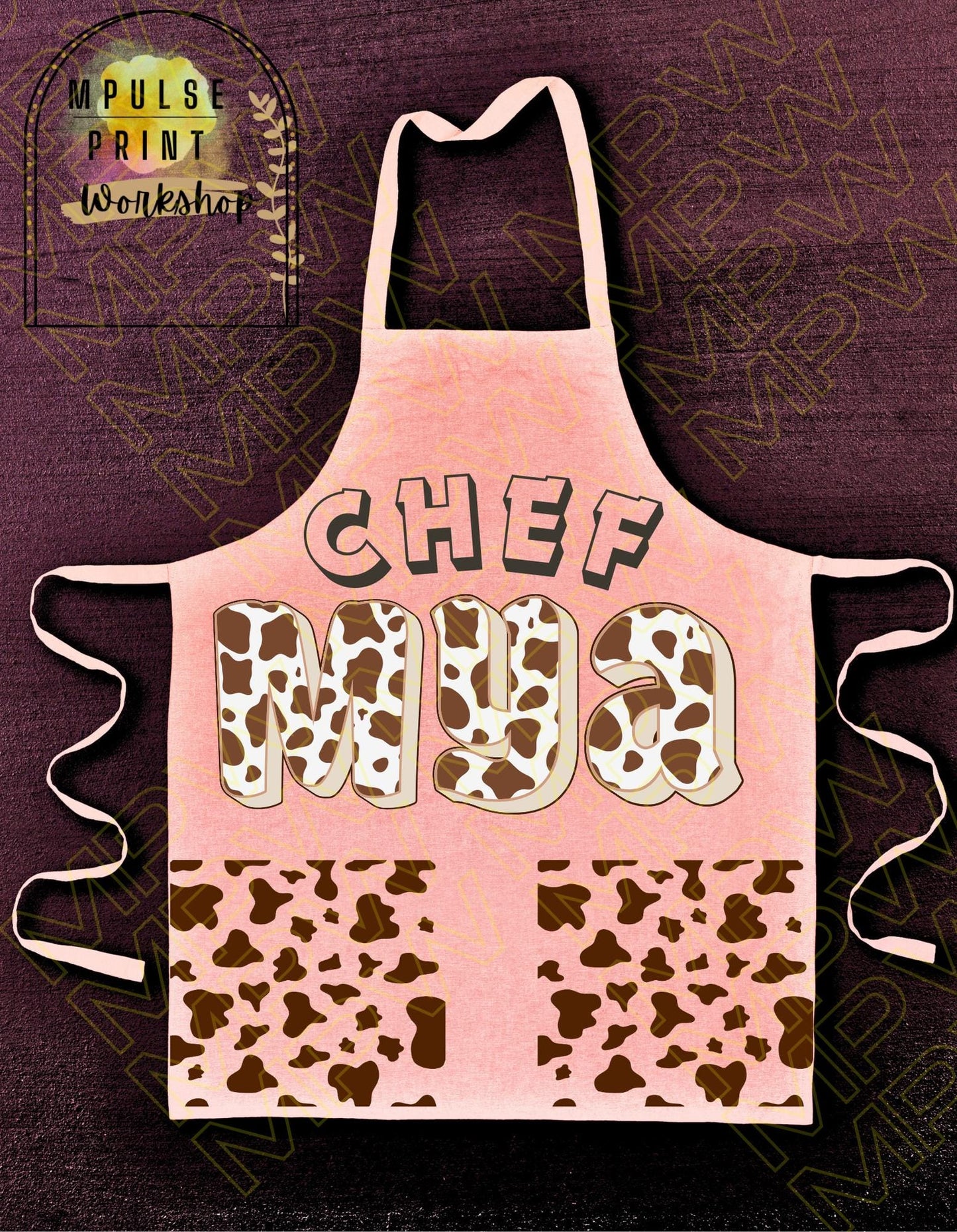 Youth Cooking Apron, Adjustable Straps- Cowhide Print Customized Name