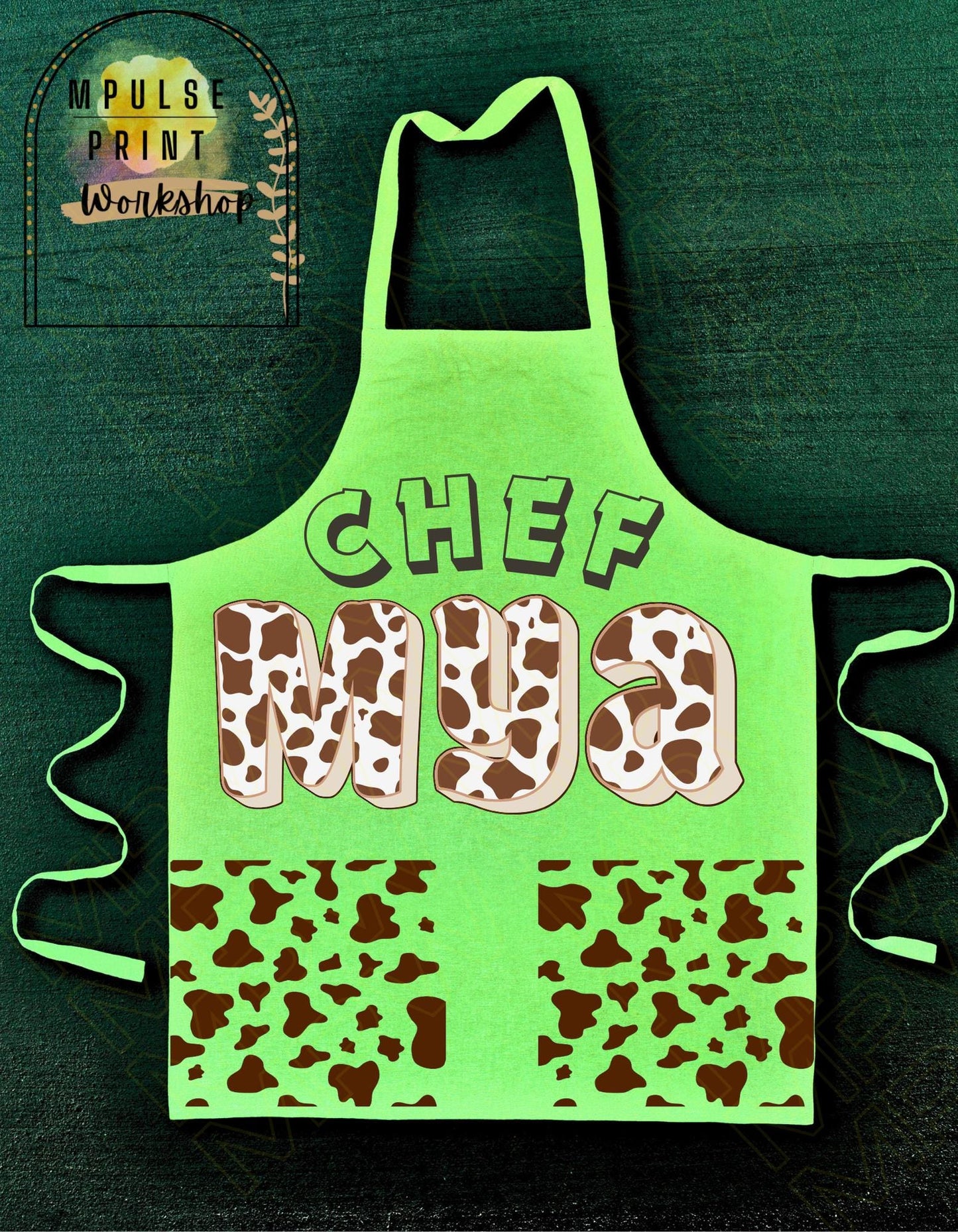 Youth Cooking Apron, Adjustable Straps- Cowhide Print Customized Name