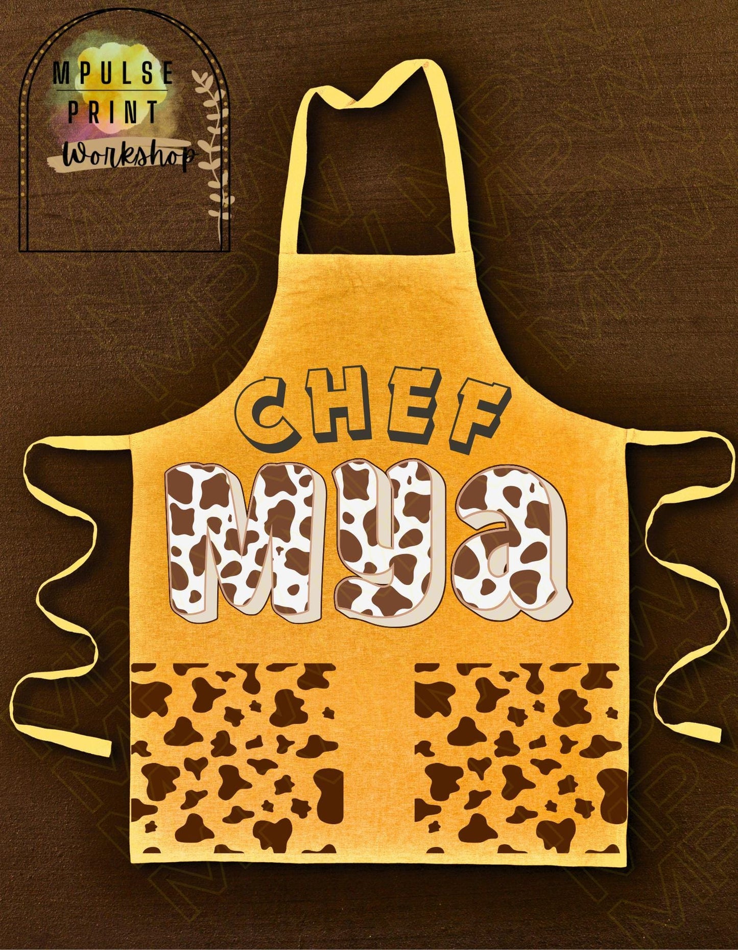 Youth Cooking Apron, Adjustable Straps- Cowhide Print Customized Name