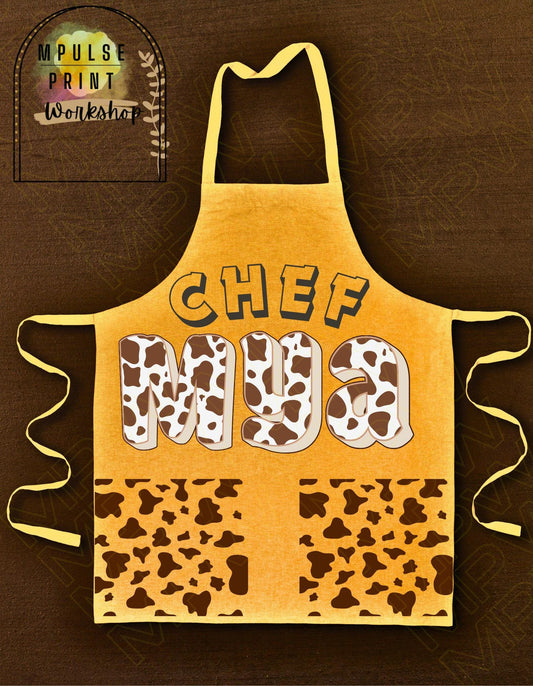 Youth Cooking Apron, Adjustable Straps- Cowhide Print Customized Name