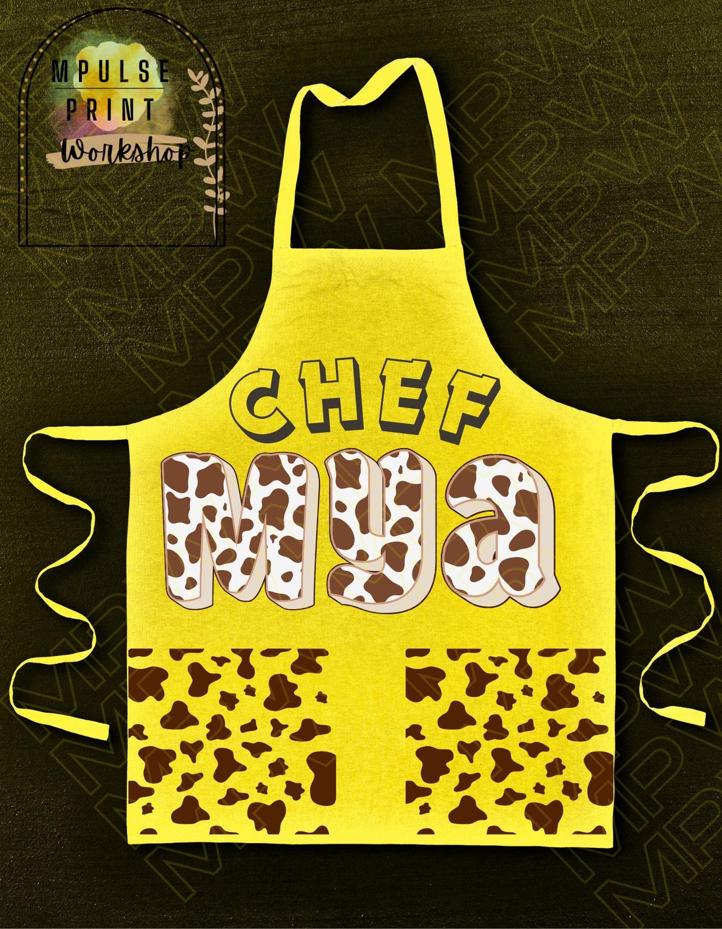 Youth Cooking Apron, Adjustable Straps- Cowhide Print Customized Name