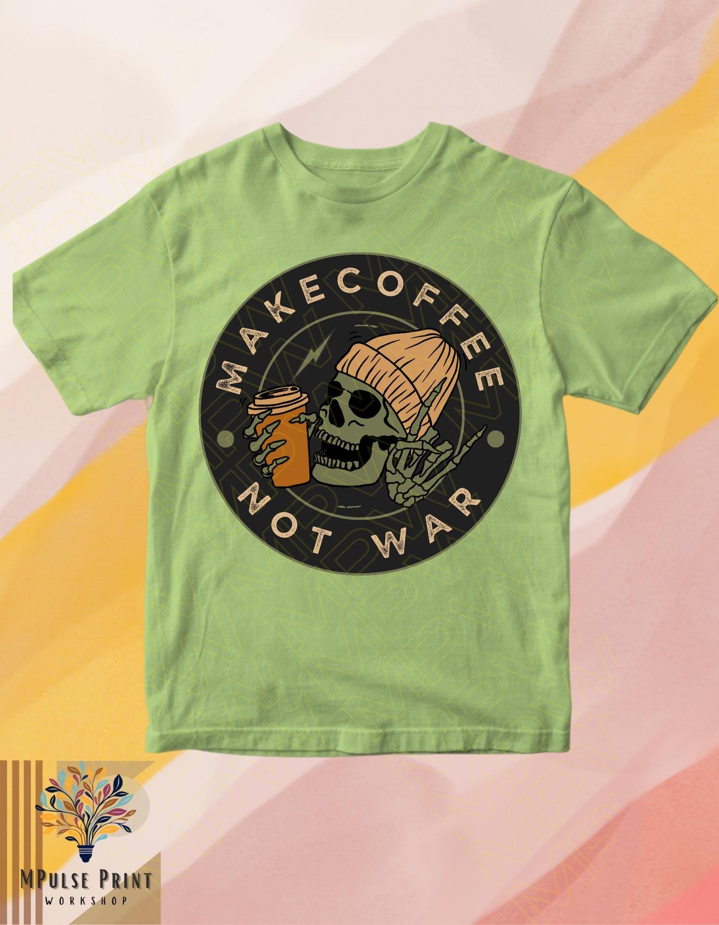 Adult graphic t-shirt- "Make Coffee Not War". 100% cotton, Basic unisex standard fit tee