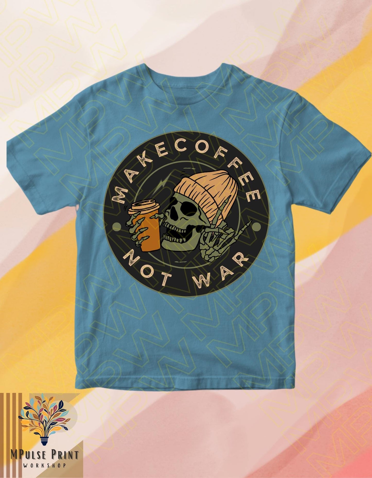 Adult graphic t-shirt- "Make Coffee Not War". 100% cotton, Basic unisex standard fit tee