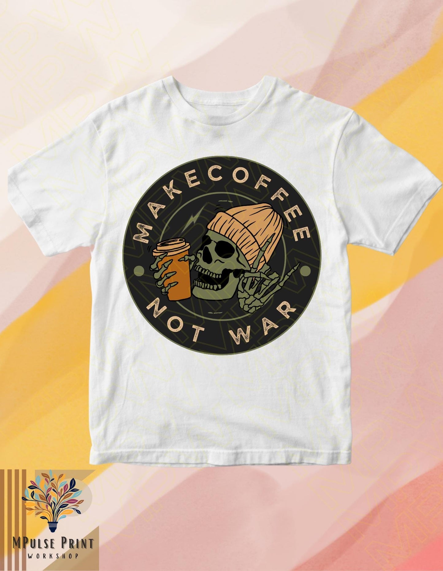 Adult graphic t-shirt- "Make Coffee Not War". 100% cotton, Basic unisex standard fit tee