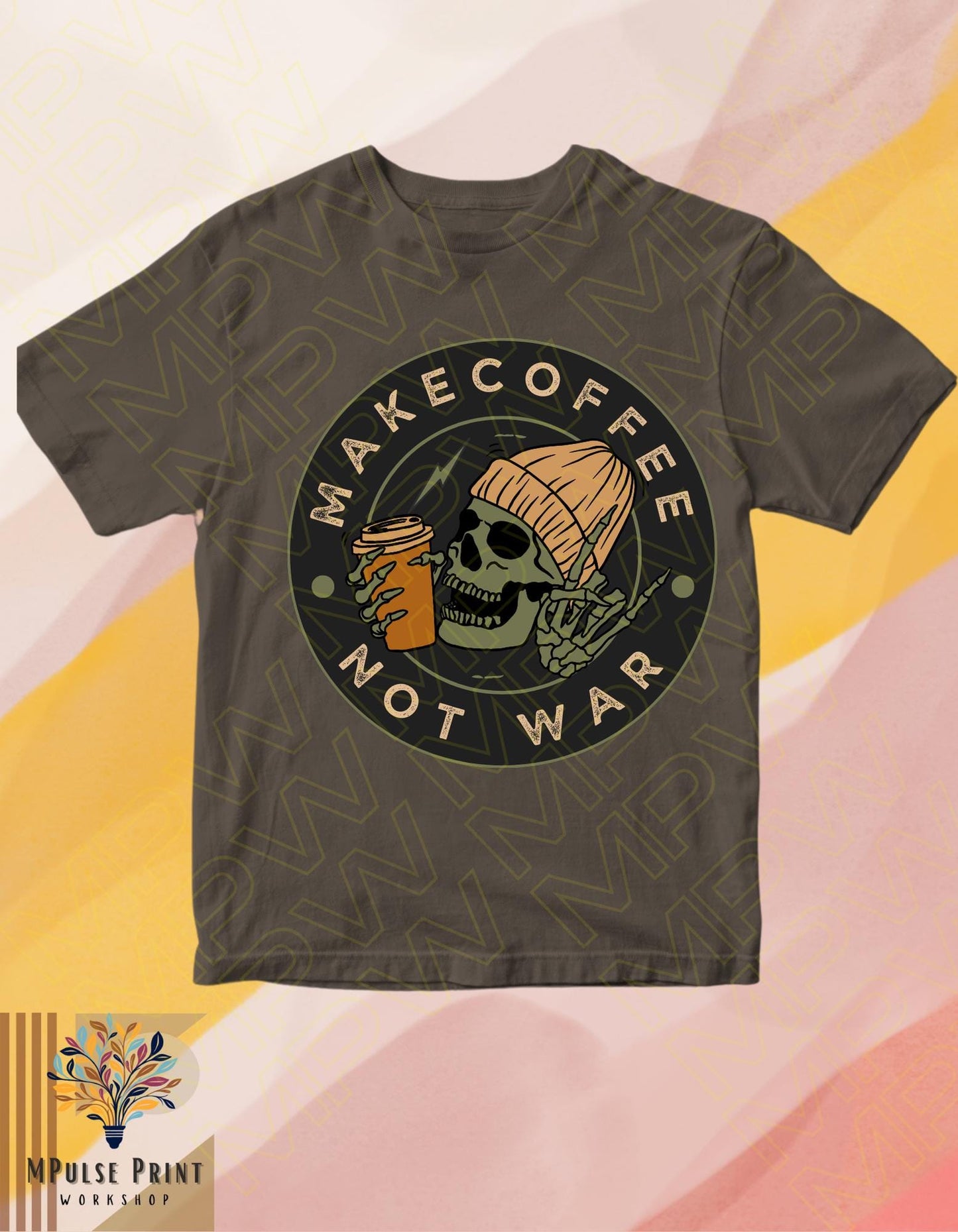 Adult graphic t-shirt- "Make Coffee Not War". 100% cotton, Basic unisex standard fit tee