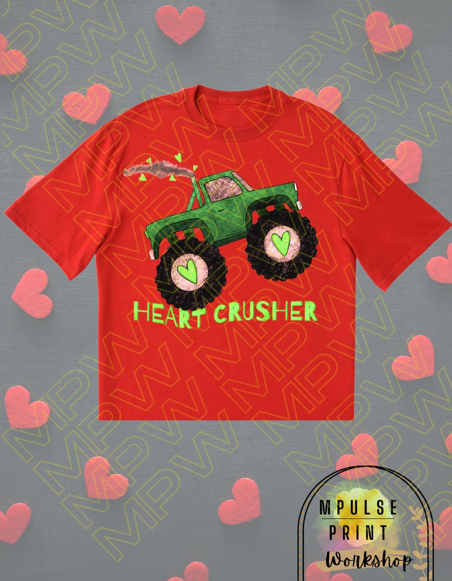 Youth Valentines T-Shirt "Heart Crusher" Gender Neutral, featuring a Monster Truck, Basic Tee, 100% Cotton,