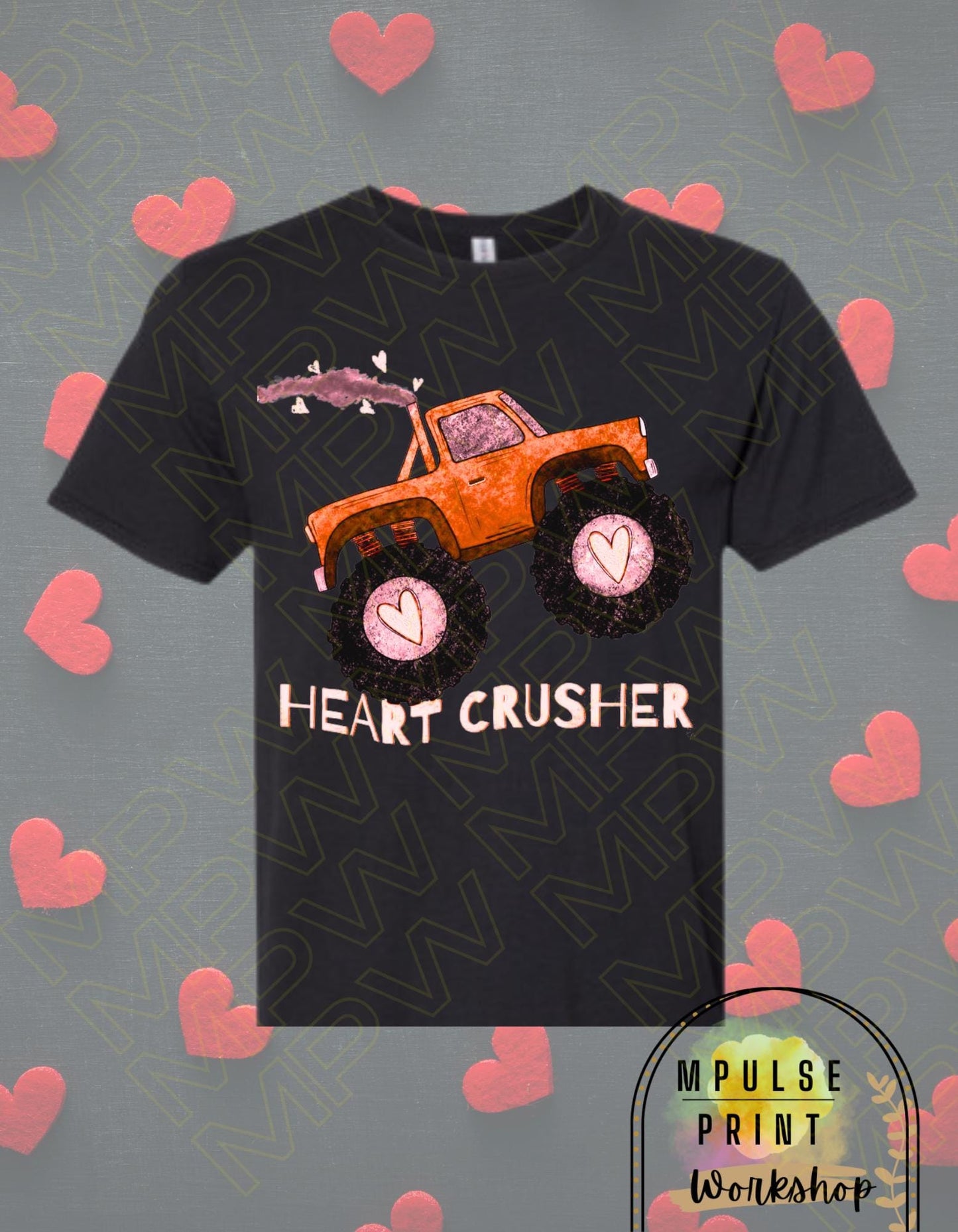 Youth Valentines T-Shirt "Heart Crusher" Gender Neutral, featuring a Monster Truck, Basic Tee, 100% Cotton,