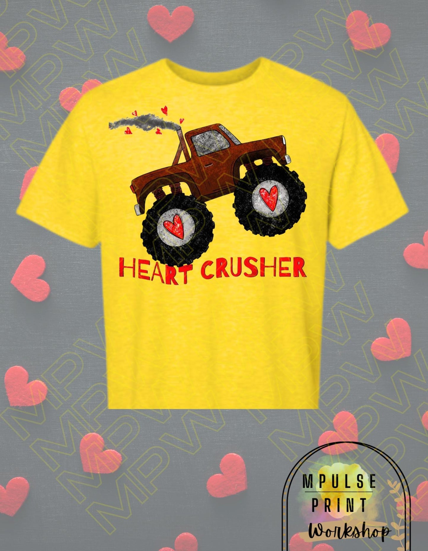Youth Valentines T-Shirt "Heart Crusher" Gender Neutral, featuring a Monster Truck, Basic Tee, 100% Cotton,