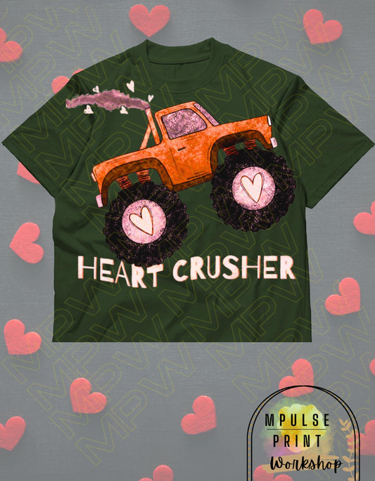 Youth Valentines T-Shirt "Heart Crusher" Gender Neutral, featuring a Monster Truck, Basic Tee, 100% Cotton,