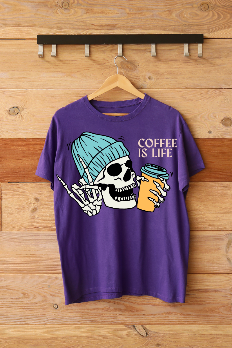 Short Sleeve Adult T-Shirt I Love Coffee, Skull