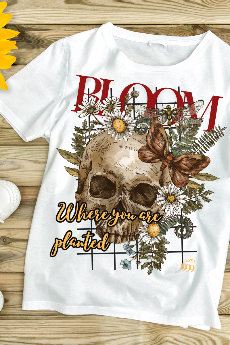 Short Sleeve T-Shirt-Skull Bloom Where You Are Planted