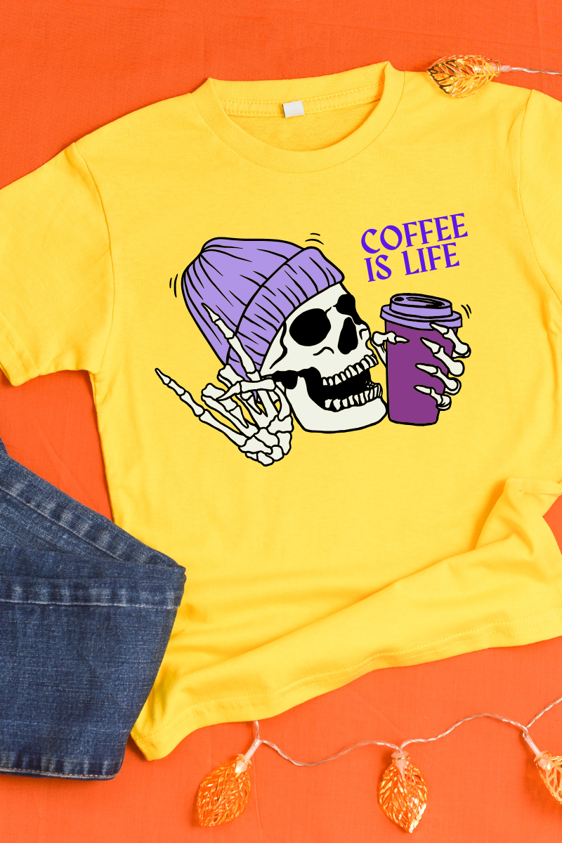 Short Sleeve Adult T-Shirt I Love Coffee, Skull